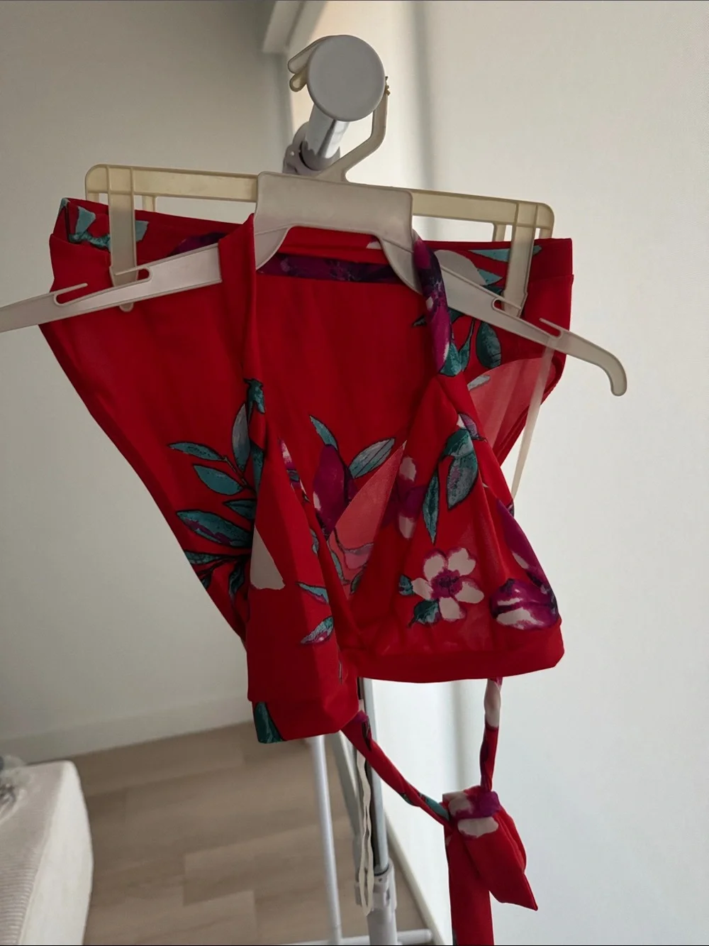 Sheer White Kimono Robe with Red Floral Trim Swimsuit Set